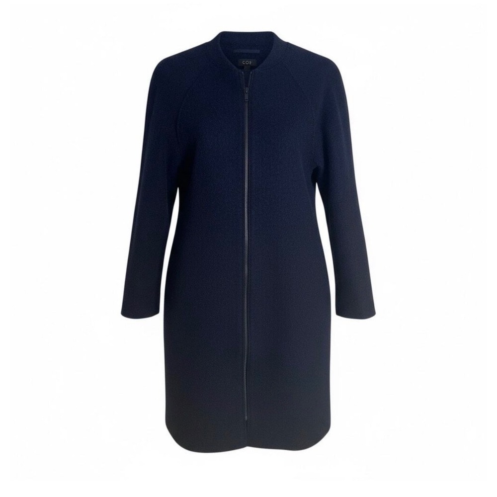 COS Coat Women 4 Navy Blue Wool Bomber Longline Minimalist Textured Zip Jacket